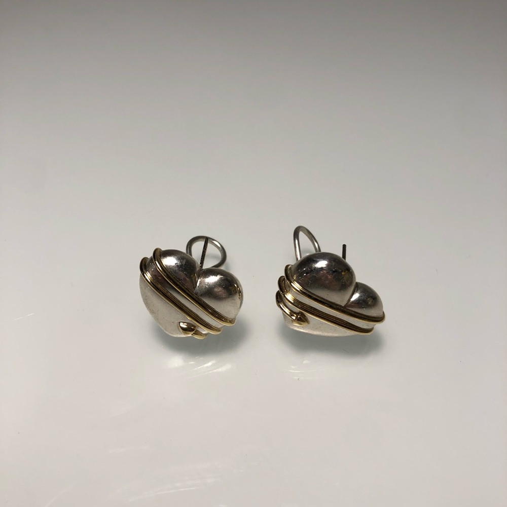 Vintage Sterling Silver + Yellow Gold Heart Shaped Earrings